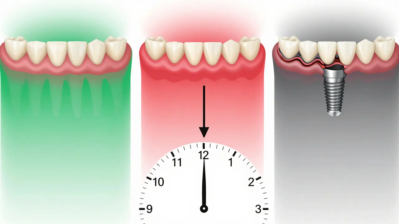 Three dental health pathways converging on a clock, showing effects of plaque neglect.