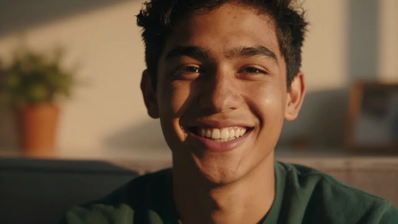 Usmívající se člověk s rovnými zuby po ortodontické léčbě.