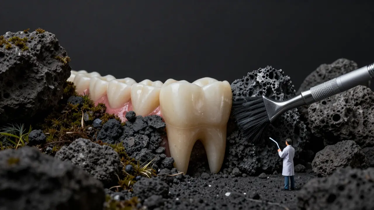 Zub jako krajina: hladká strana s tmavou šmouhou a drsná strana s kamenitým návrstvím, symbolizující nutnost profesionální péče.