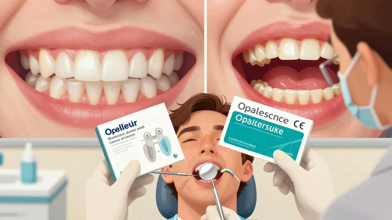 Zubař porovnává domácí a profesionální sadu na bělení zubů, zároveň ukazuje zdravé a poškozené dásně.