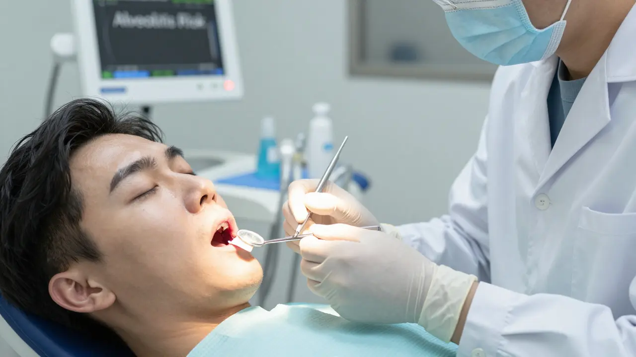 Zubní lékař ošetřuje ránu po extrakci kvůli přetrvávající bolesti.