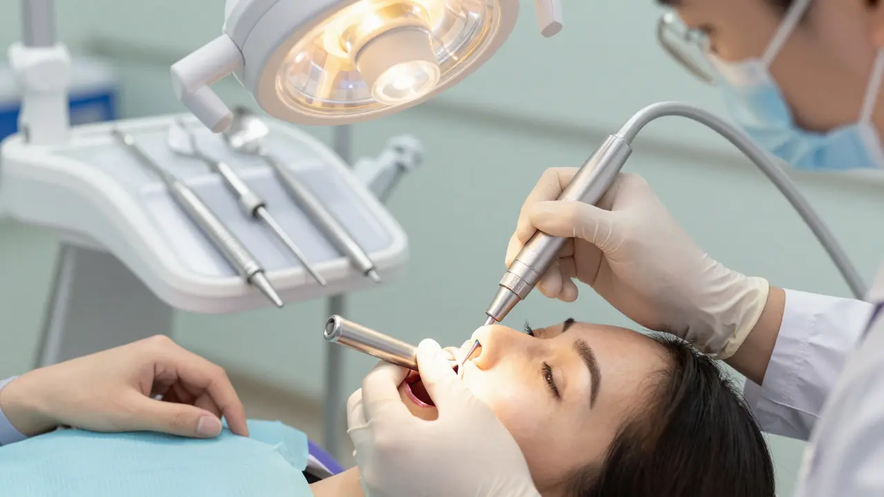 Zubní lékař plní díru v zubu kompozitním materiálem.