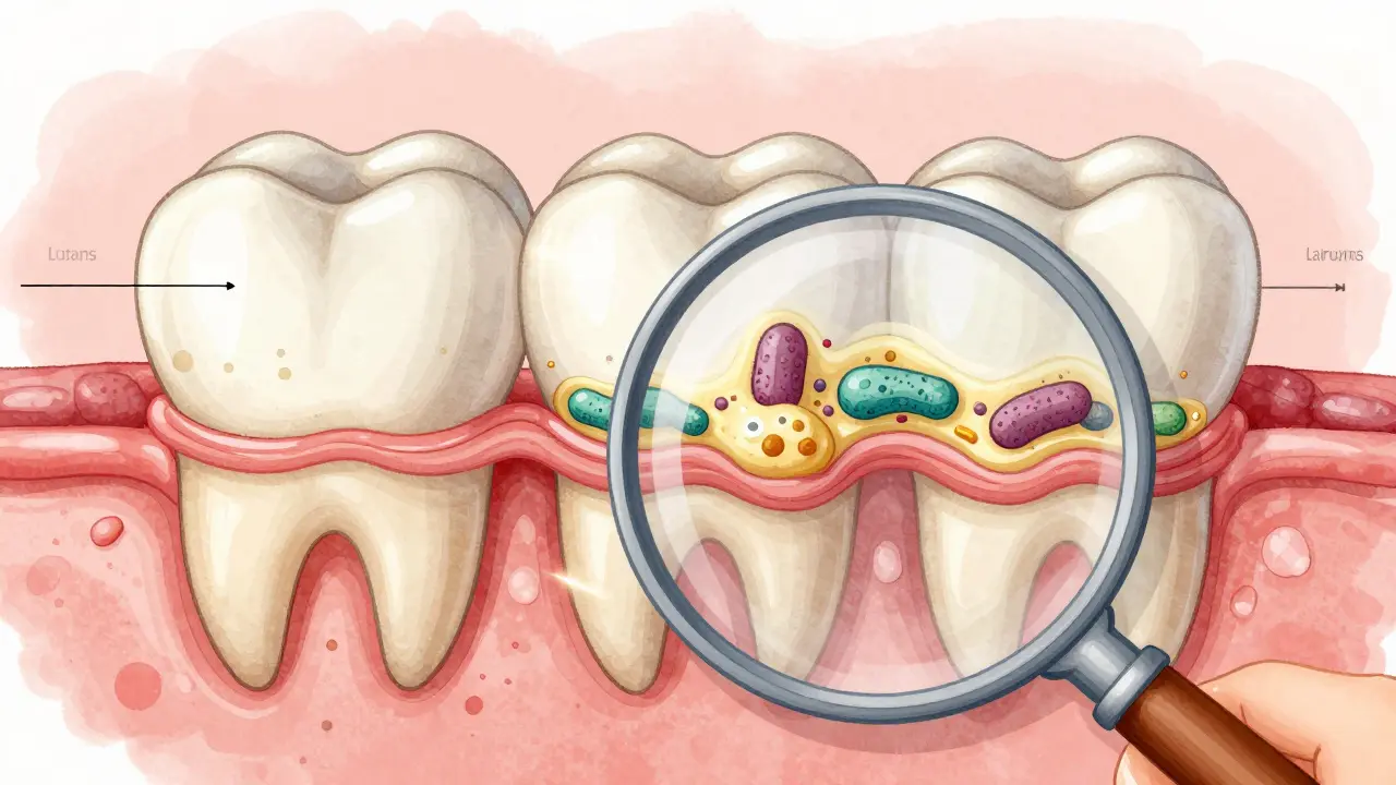 Zvětšený pohled na vývoj zubního kamene z plaku s vrstvami bakterií a minerálů.