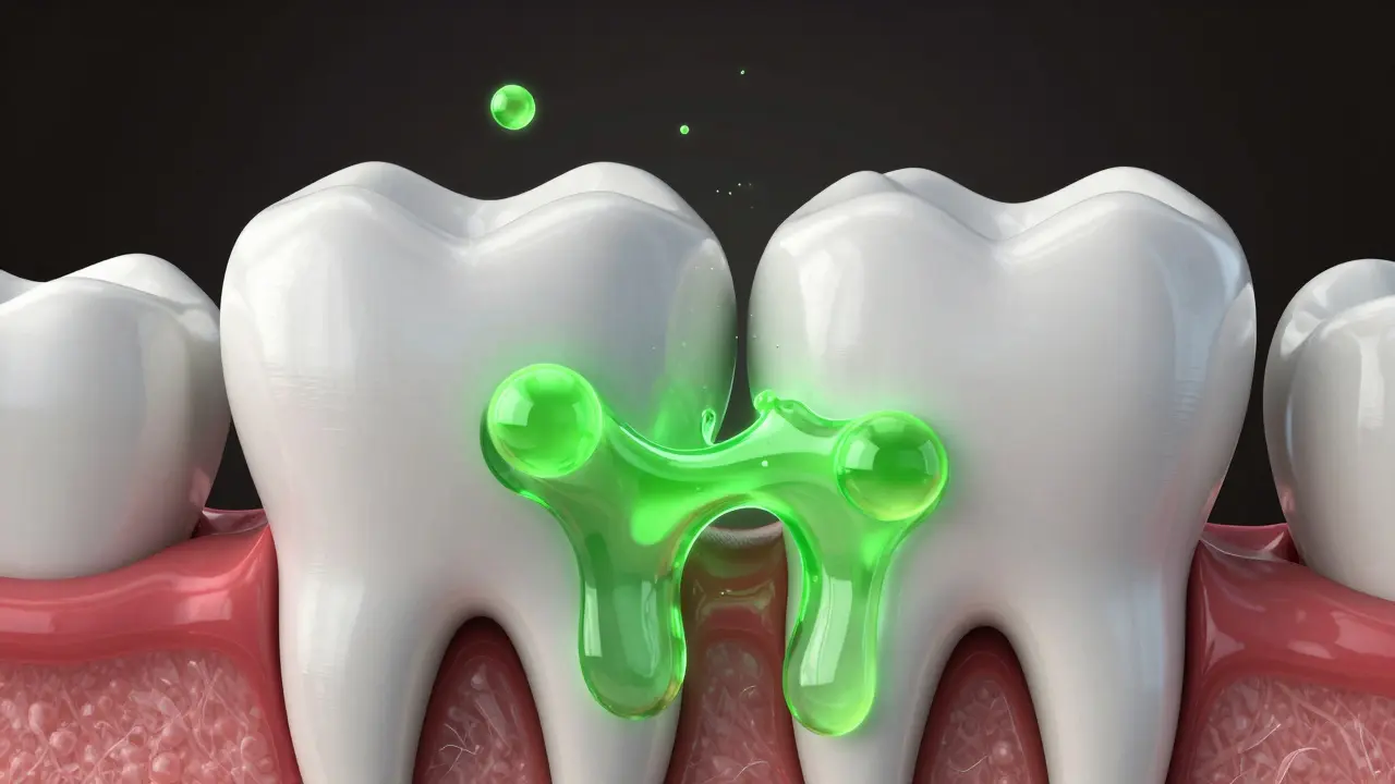 3D ilustrace eroze zubní skloviny, kde kyseliny rozpouštějí minerály z povrchu zubu.