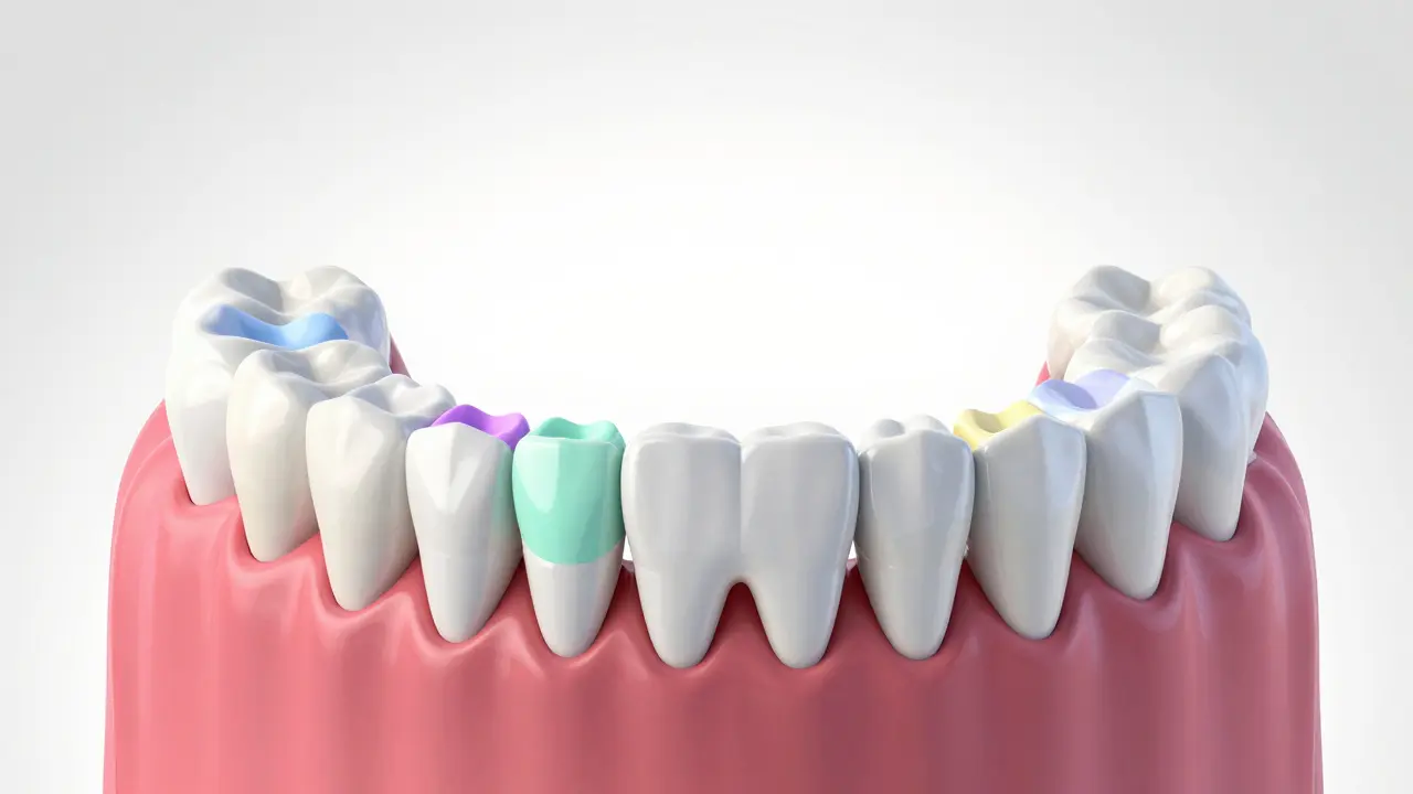 3D ilustrace lidské čelisti s barevně zvýrazněnými typy zubů.