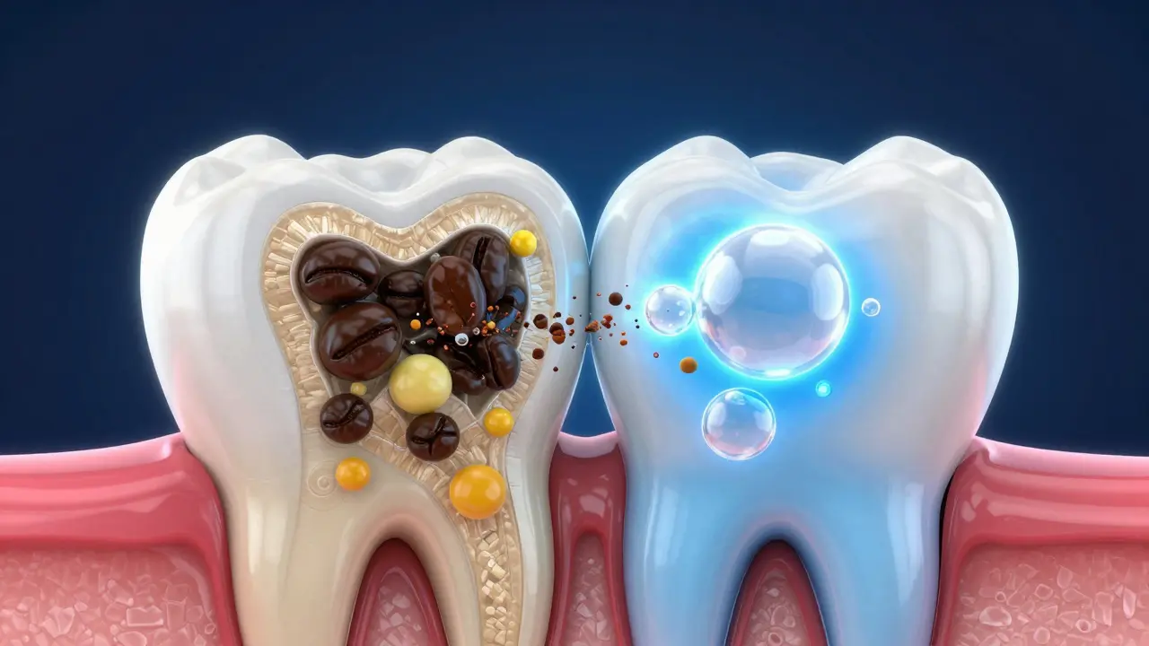 3D ilustrace procesu oxidace pigmentů v zubní sklovině pomocí bělícího gelu.