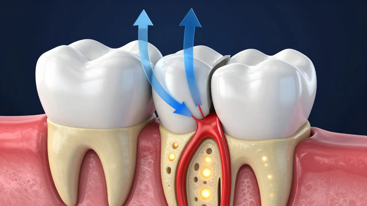 3D ilustrace průřezu zubem ukazující dentin a nervy.