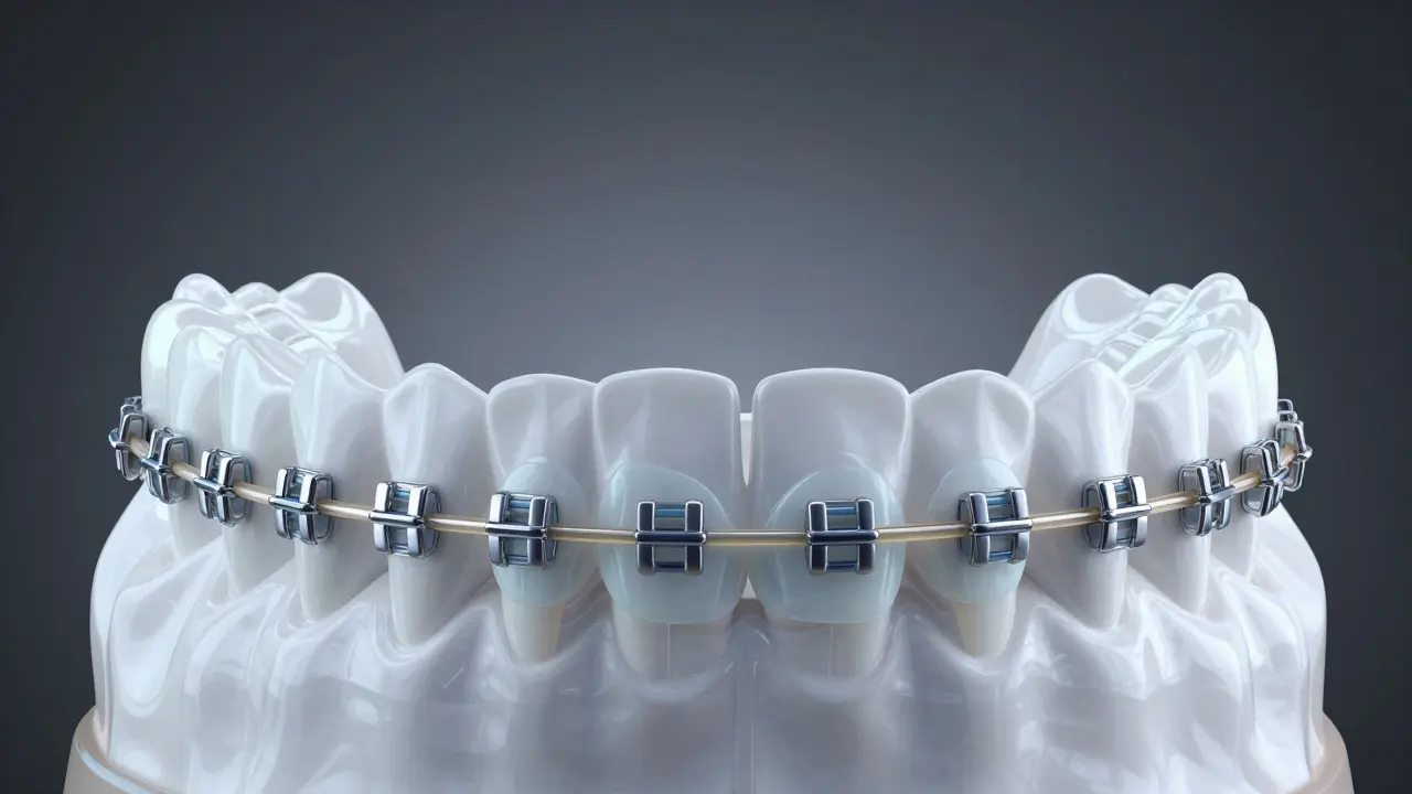 3D vizualizace tlaku ortodontických gumiček na čelistní oblouky.