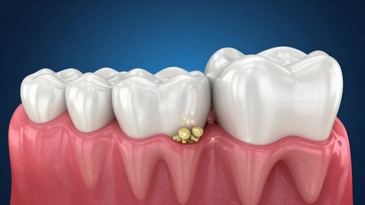 3D vizualizace zubařského zánětu dásní a procesu hojení tkáně.