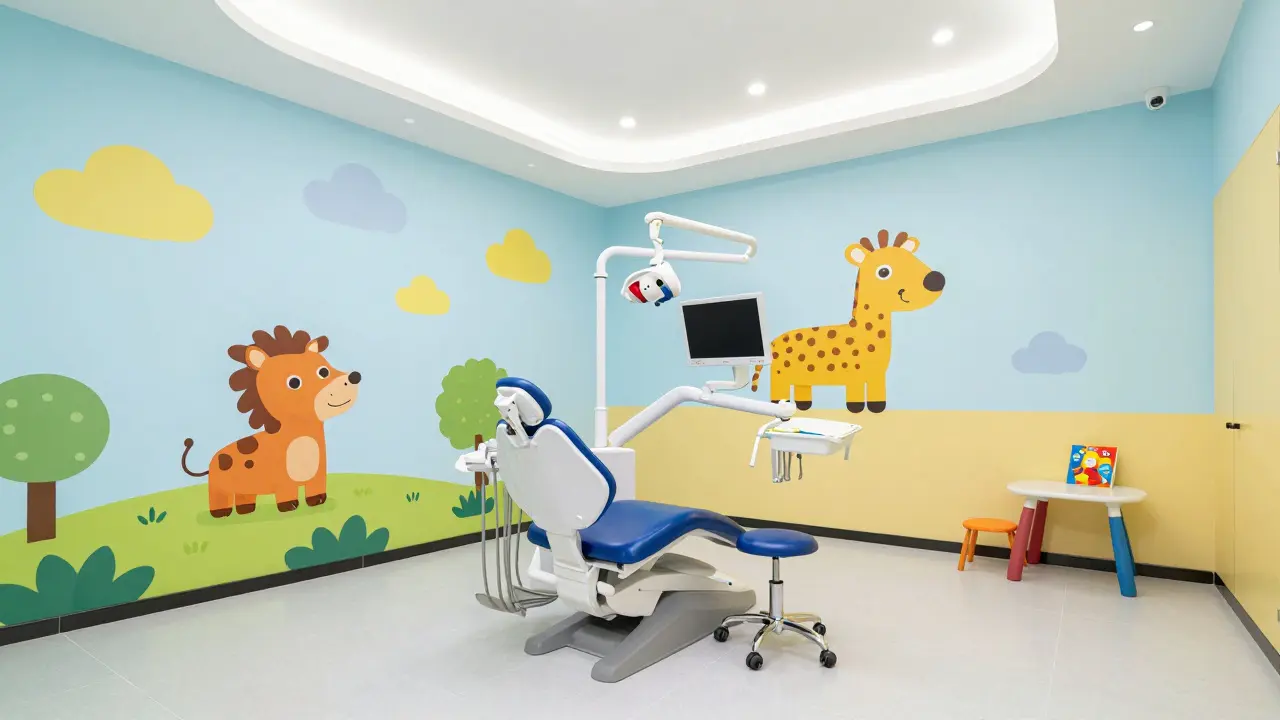 Barevná a přívětivá čekárna v ordinaci dětského zubního lékaře.
