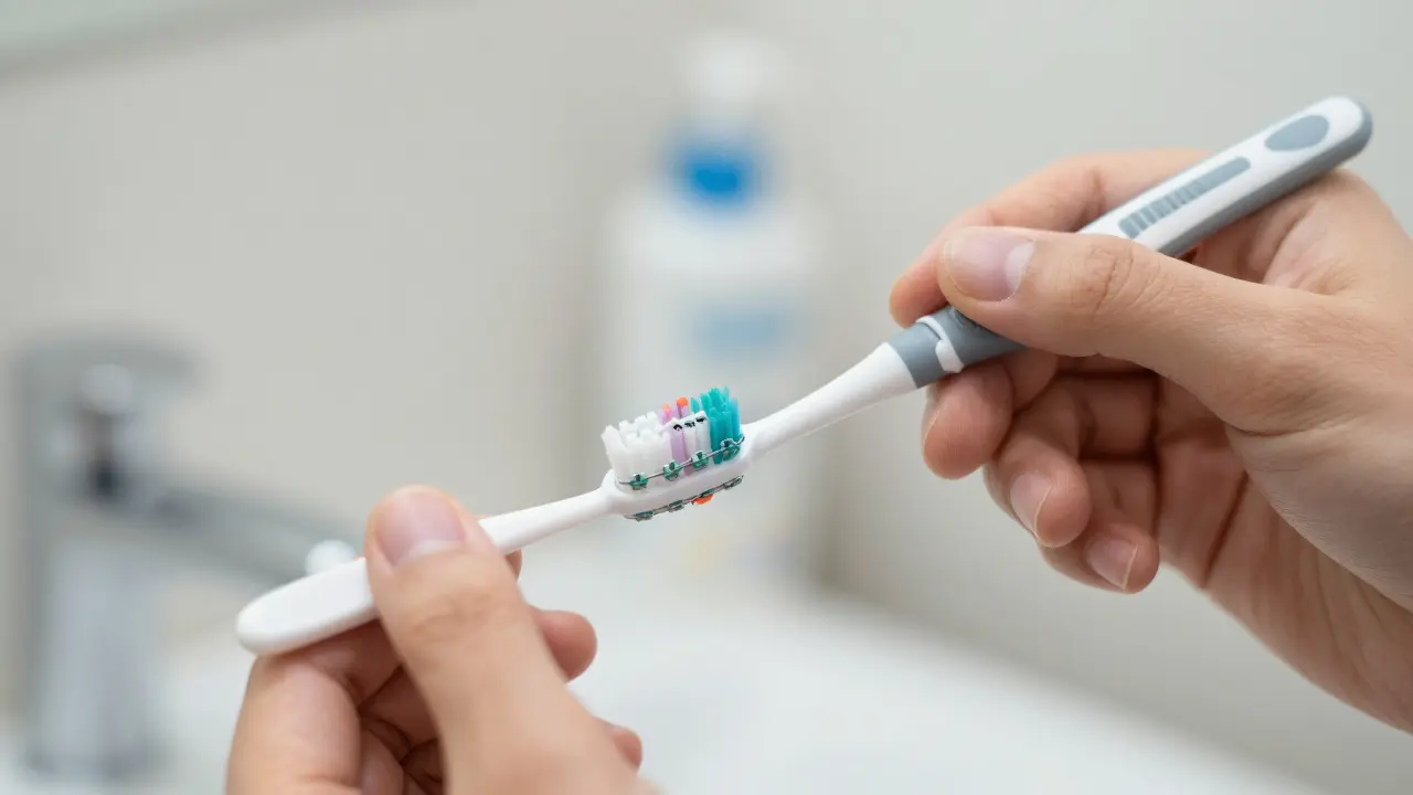 Čištění mezizubním kartáčkem v oblasti ortodontických gumiček.