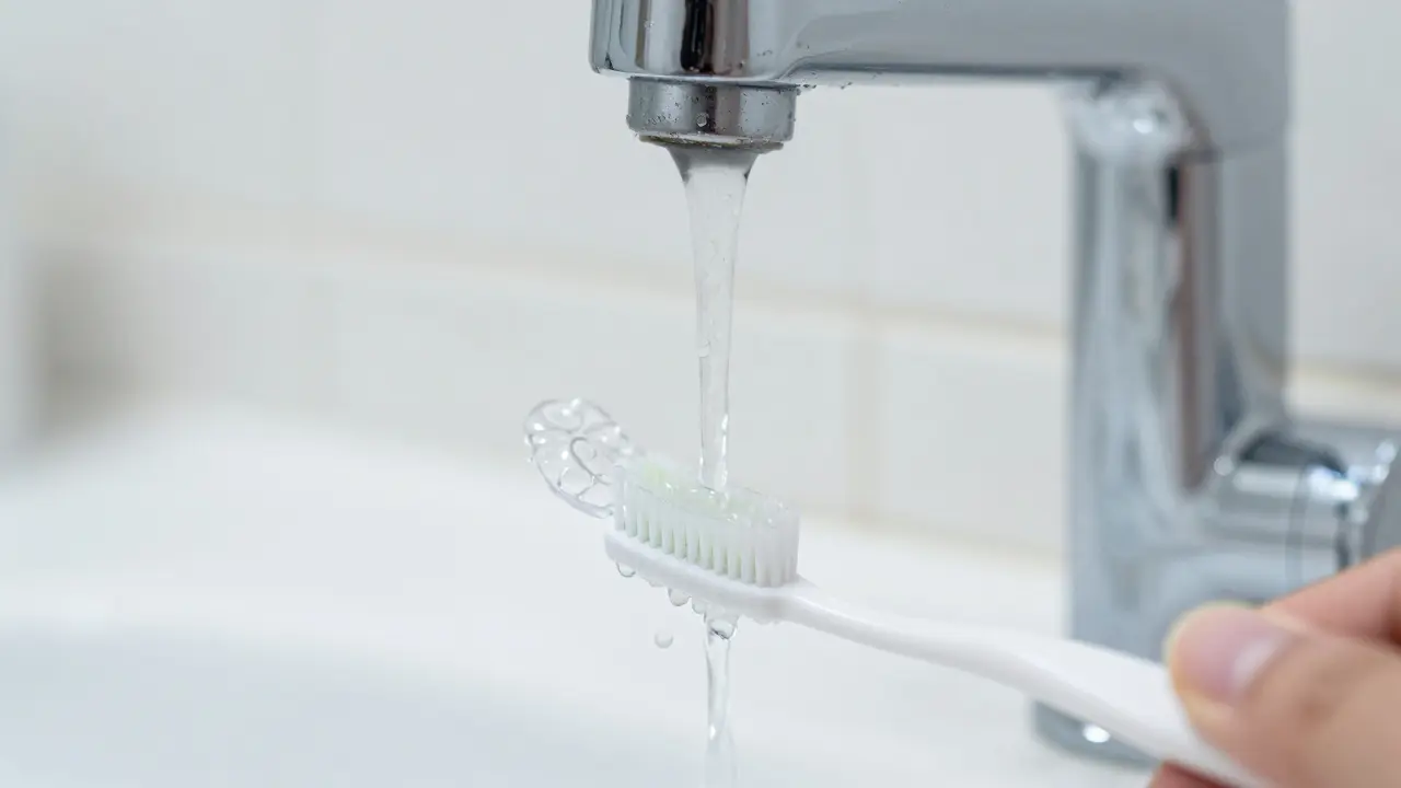 Čištění průhledného aligneru měkkým kartáčkem pod proudem vody.