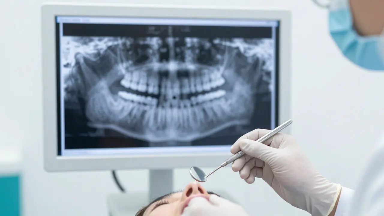 Dentální ordinace s rentgenovým snímkem zubu a lékařským nářadím.