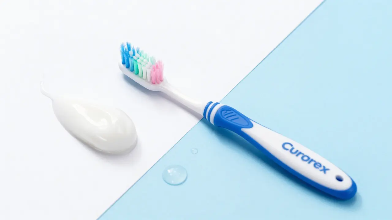 Detail dětského kartáčku s jemnými vlákny a malým množstvím zubní pasty.