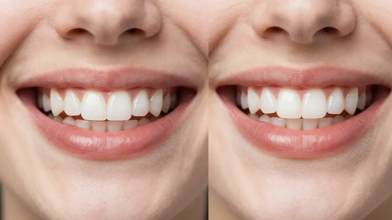 Detail dokonalého úsměvu s estetickými fazetami v luxusním osvětlení.