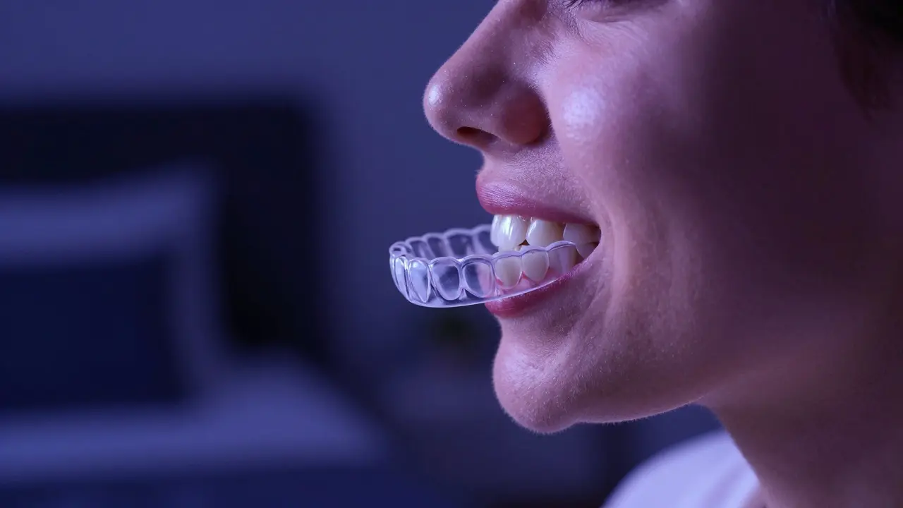 Detail osoby s ochrannou noční dlahou na zubech pro prevenci skřípání v noci.