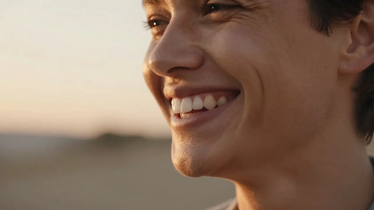 Detail rozcvičeného úsměvu člověka vyjadřující sebevědomí a radost.