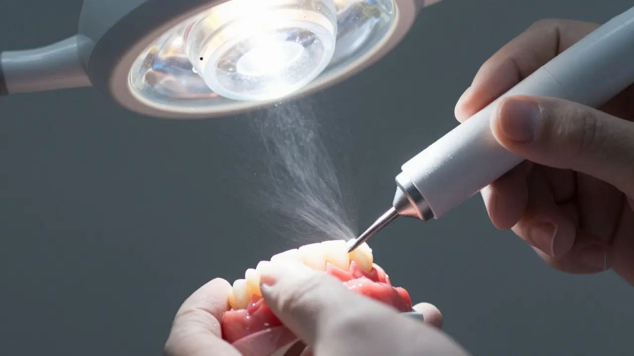 Detail ultrazvukového čištění zubů od zubního kamene.