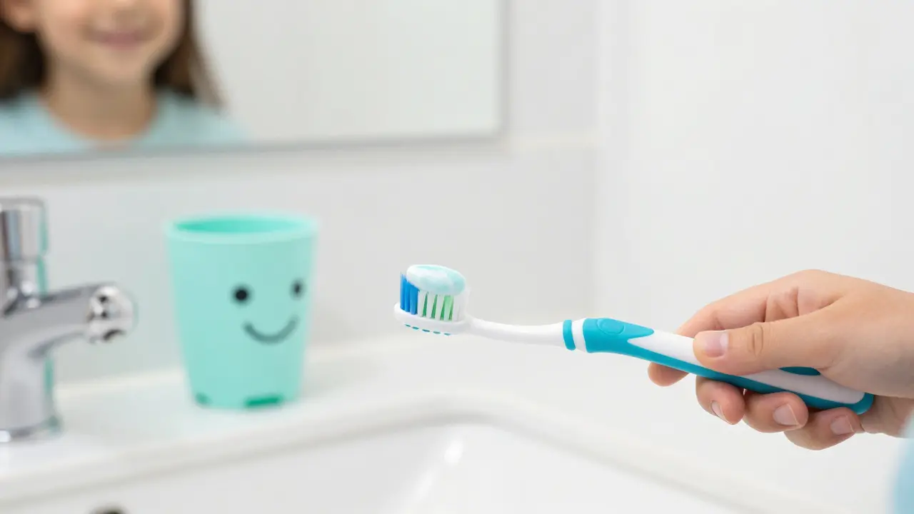 Dětský kartáček a pasta na v koupelně jako symbol pravidelné hygieny zubů.