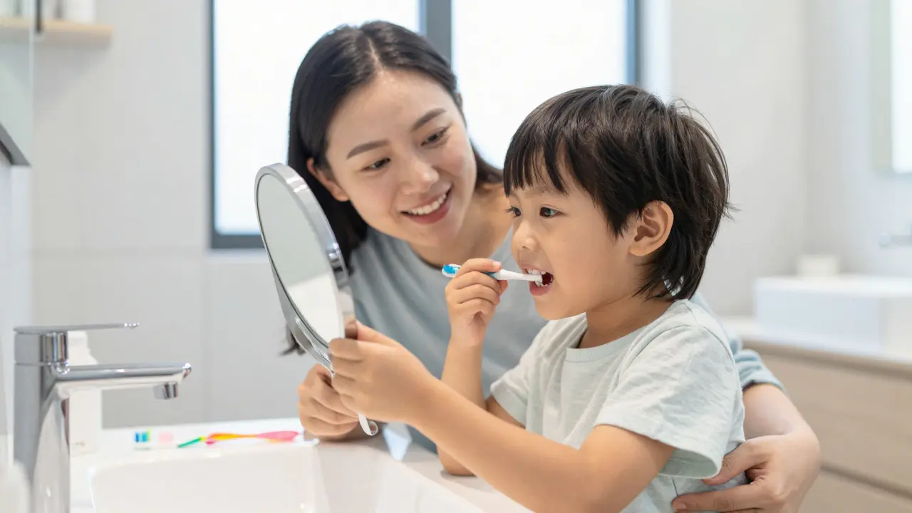 Dítě s rodičem v koupelně kontrolují čistotu zubů v zrcadýtku.