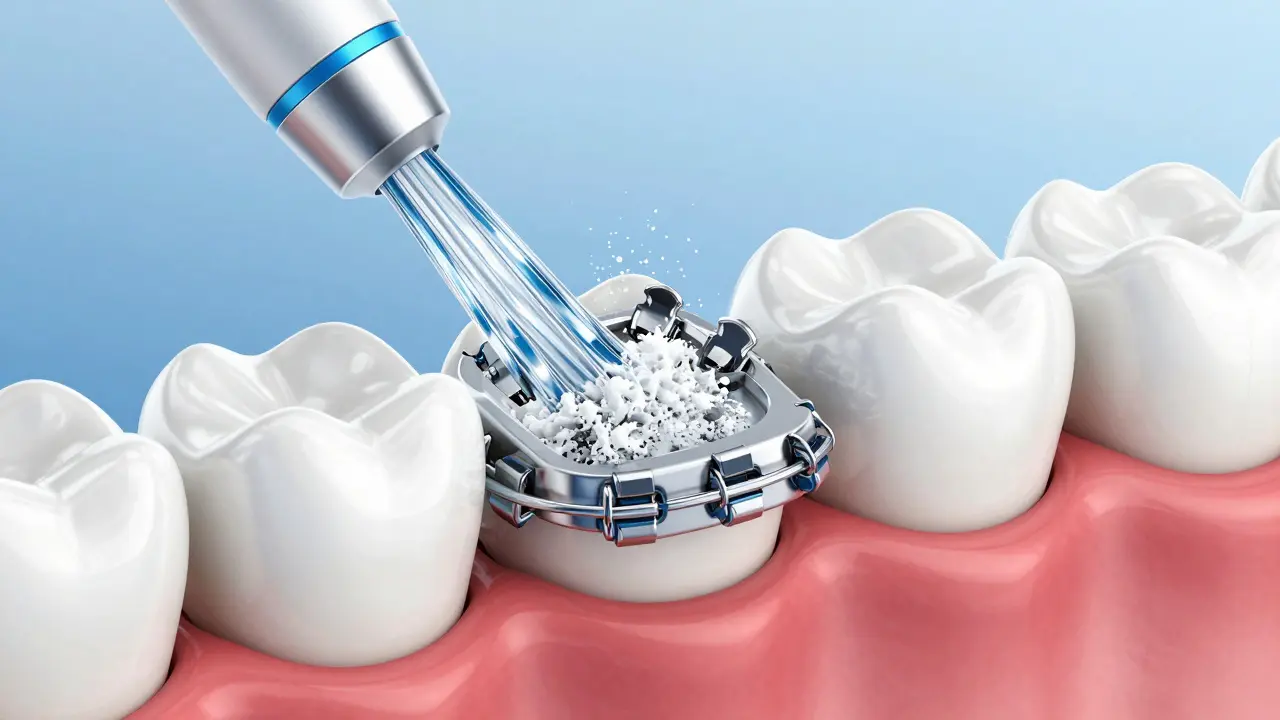 Ilustrace procesu Airflow čištění zubů s ortodontickým aparátem.