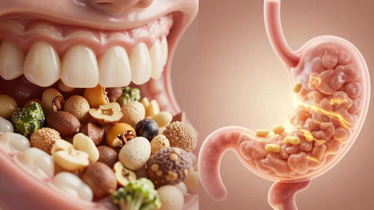 Konceptuální obraz mletí potravy molárymi a následného vstřebávání živin.