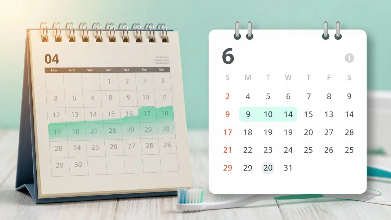 Konceptuální srovnání krátkých pravidelných a dlouhých zanedbaných návštěv hygieny.