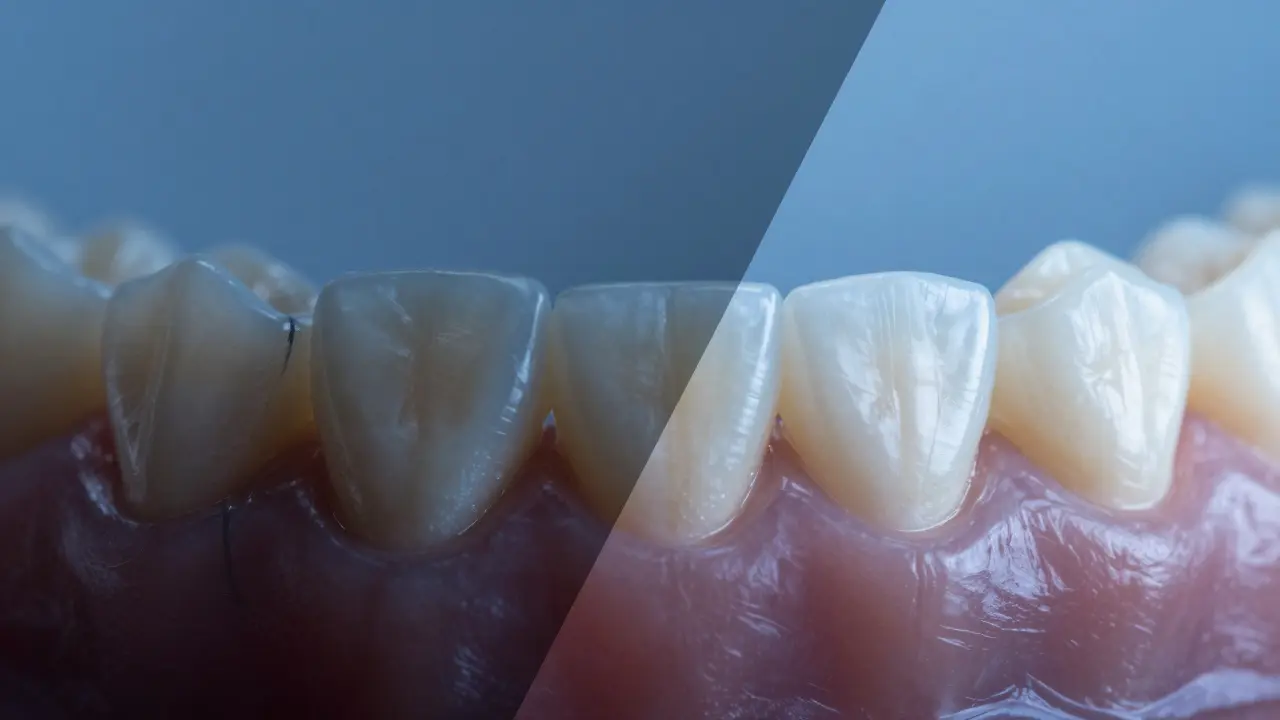 Konceptuální srovnání staré kovové korunky a moderní průsvitné celokeramiky.
