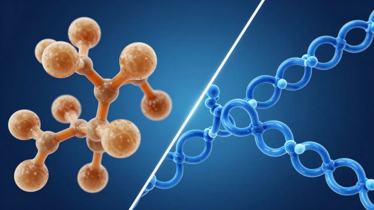 Konceptuální znázornění rozdílu mezi strukturou latexu a syntetického polymeru.