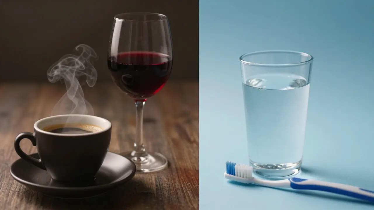 Kontrast mezi tmavou kávou s vínem a čistou vodou s jemným kartáčkem na zuby.