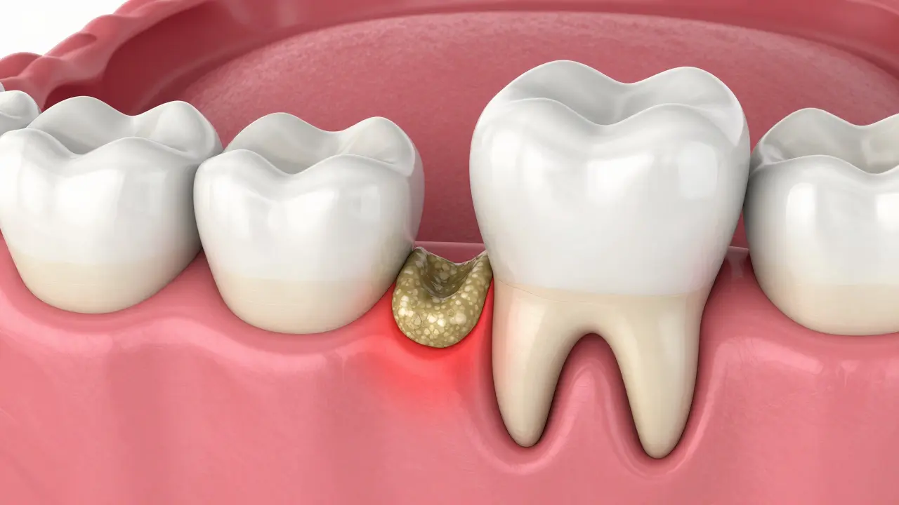 Kresba znázornující vliv zubního kamene na dásně a vznik zubních kapes.