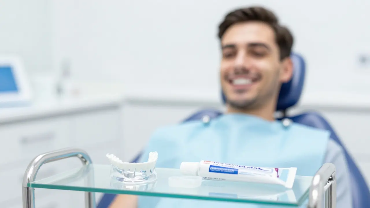 Kvalitní bělící formy a gel v moderní, světlé zubní ordinaci.