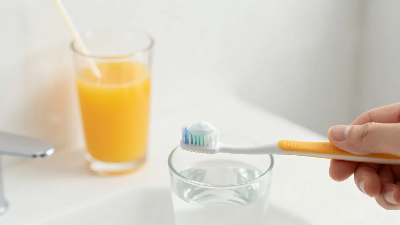 Měkký zubní kartáček a sklenice s džusem a brčkem.