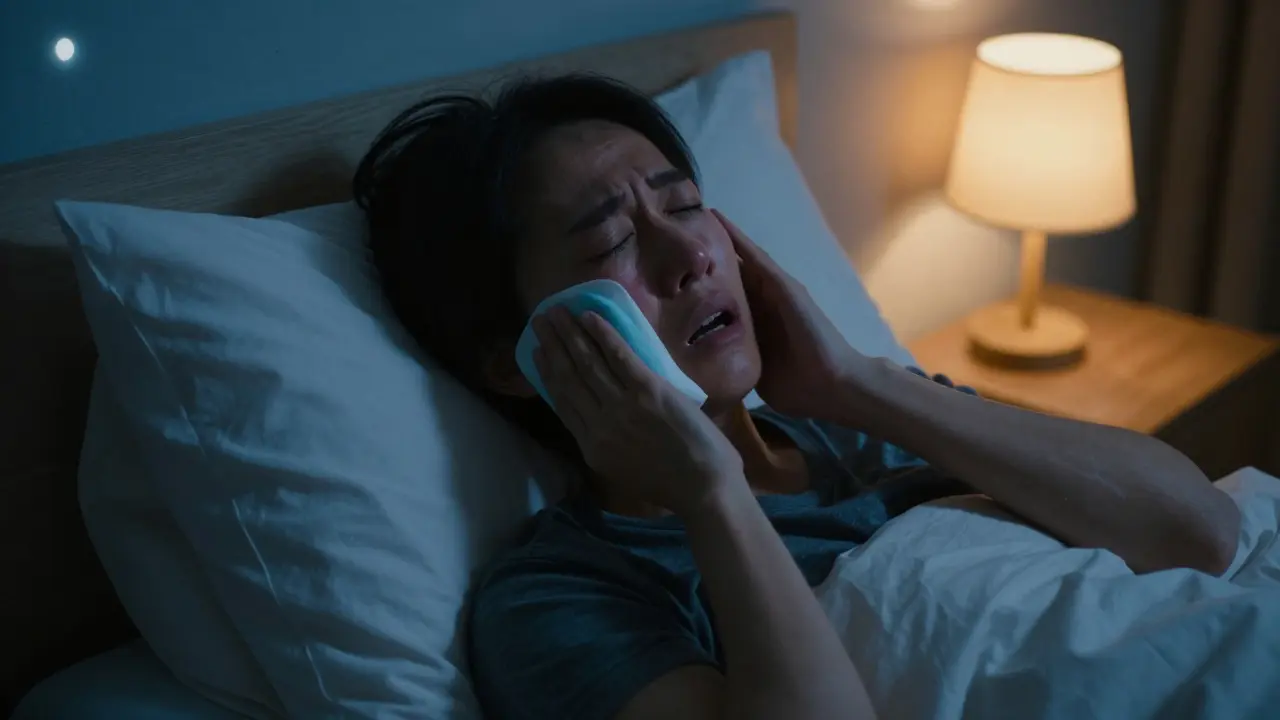 Muž v posteli s ledovým obkladem na tváři trpící bolestí zubu v noci.