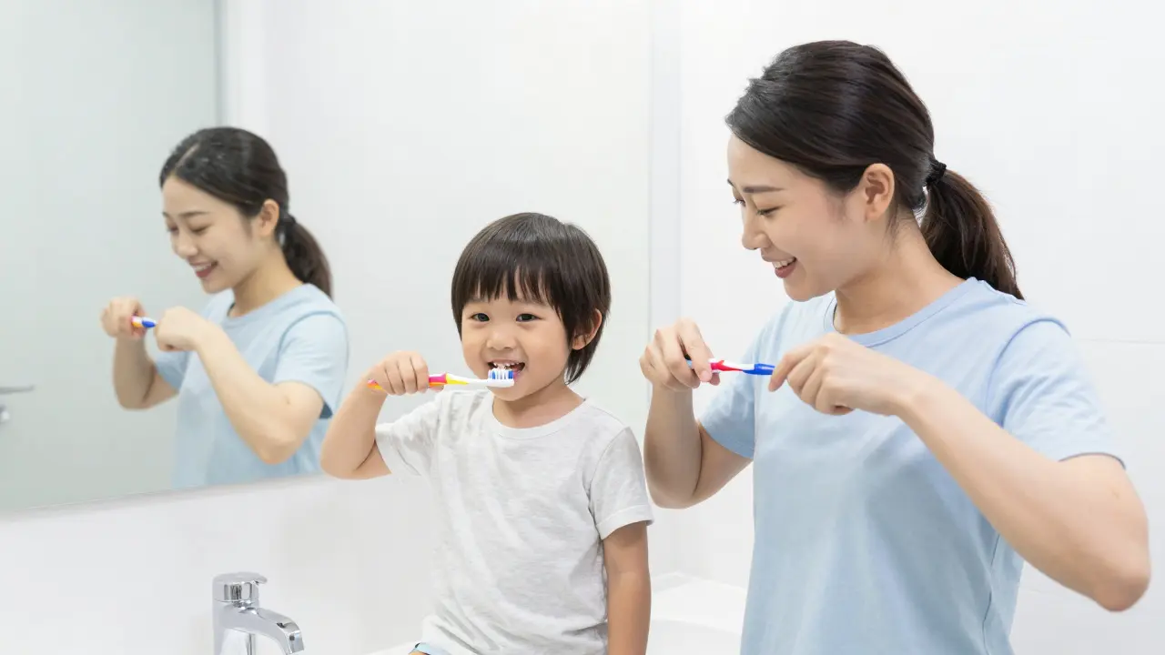 Rodič a dítě společně čistí zuby u zrcadla v koupelně.