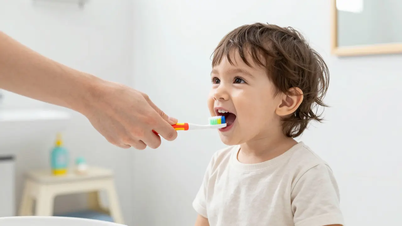 Rodič jemně učí batole čistit zuby barevným kartáčkem v koupelně.