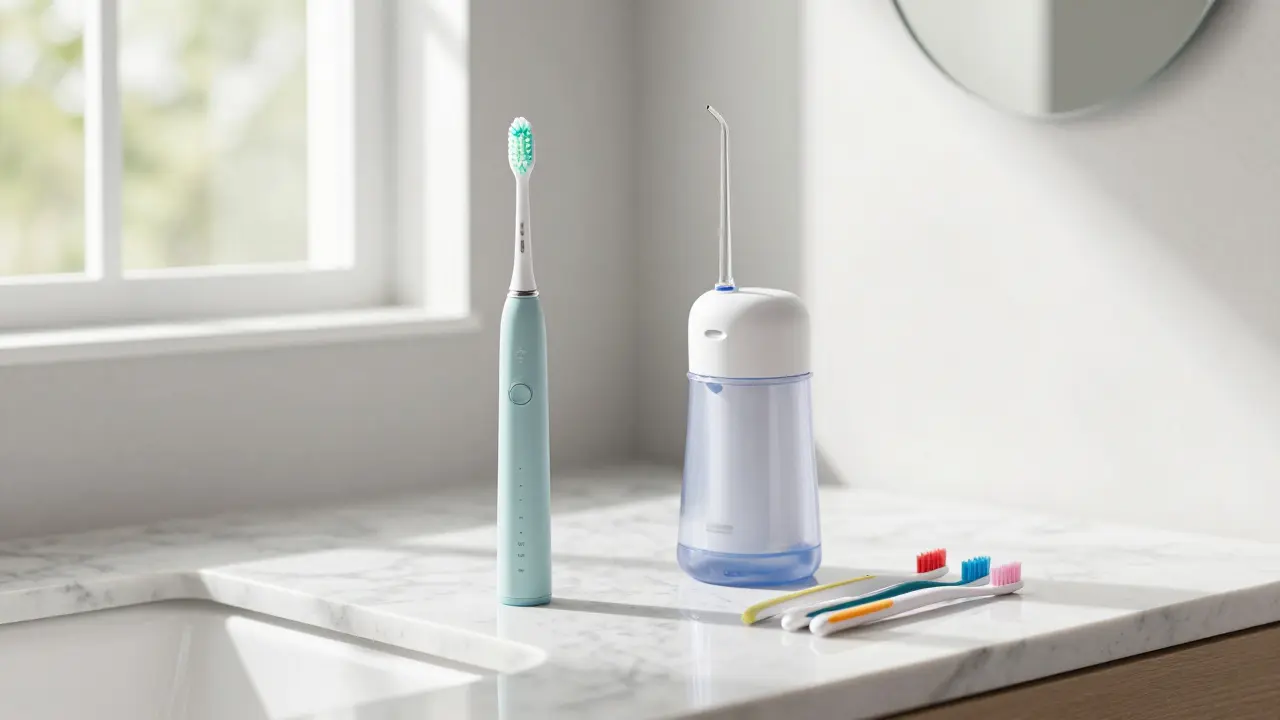 Sada pro domácí péči o zuby včetně ústní sprchy a meziprostorových kartáčků.