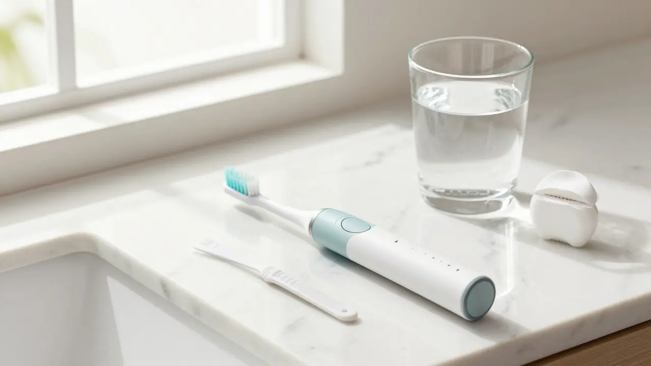 Sada pro kompletní hygienu zubů: elektrický kartáč, nit a stěrka na jazyk.