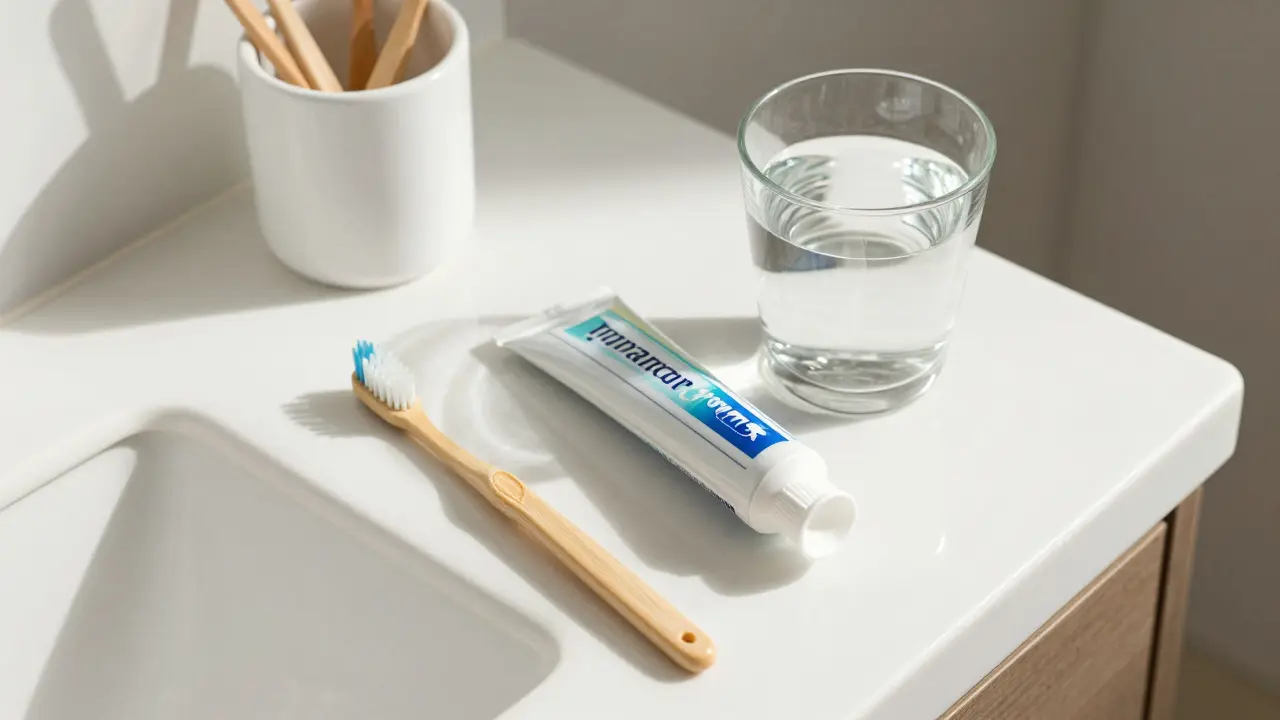 Sada pro péči o zuby s jemným kartáčkem a mezizubními pomůcky na koupelnové poloce.
