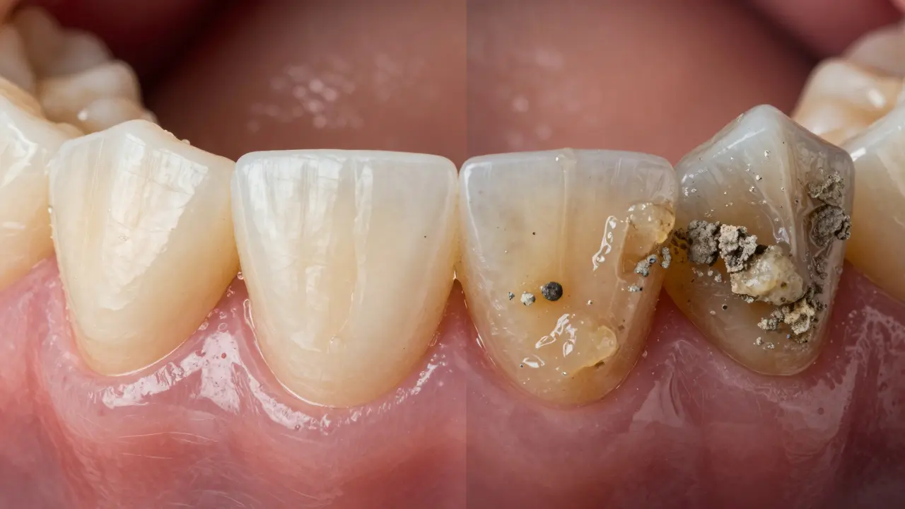 Srovnání měkkého zubního plaku a tvrdého, žlutého zubního kamene.