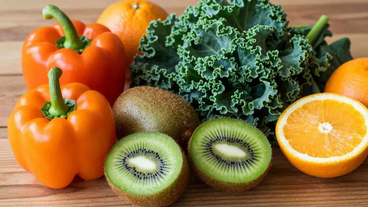 Zdravá potravina bohatá na vitamíny C a K, jako jsou papriky, kiwi a špenát.