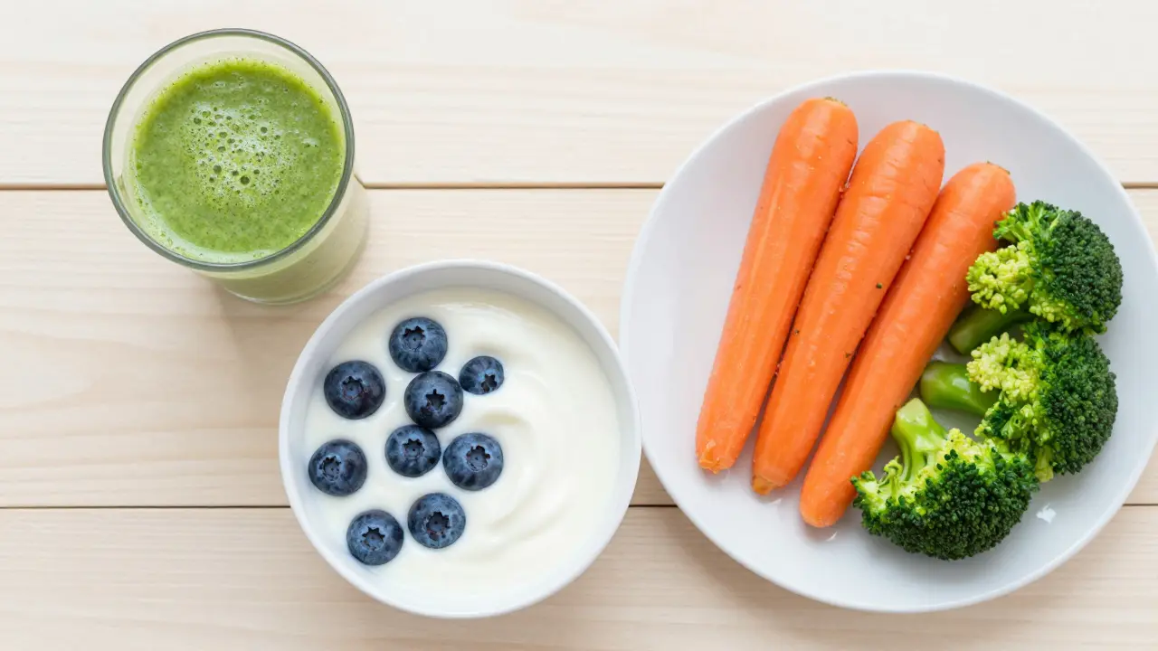 Zdravé měkké potraviny jako jogurt, smoothie a vařená zelenina.
