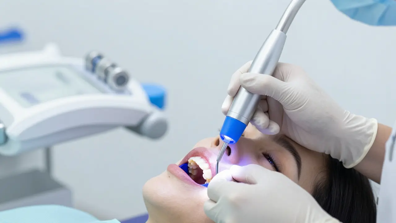 Zubní lékař používají modrou UV lampu k ztvrdnutí bílé kompozitní plomby.