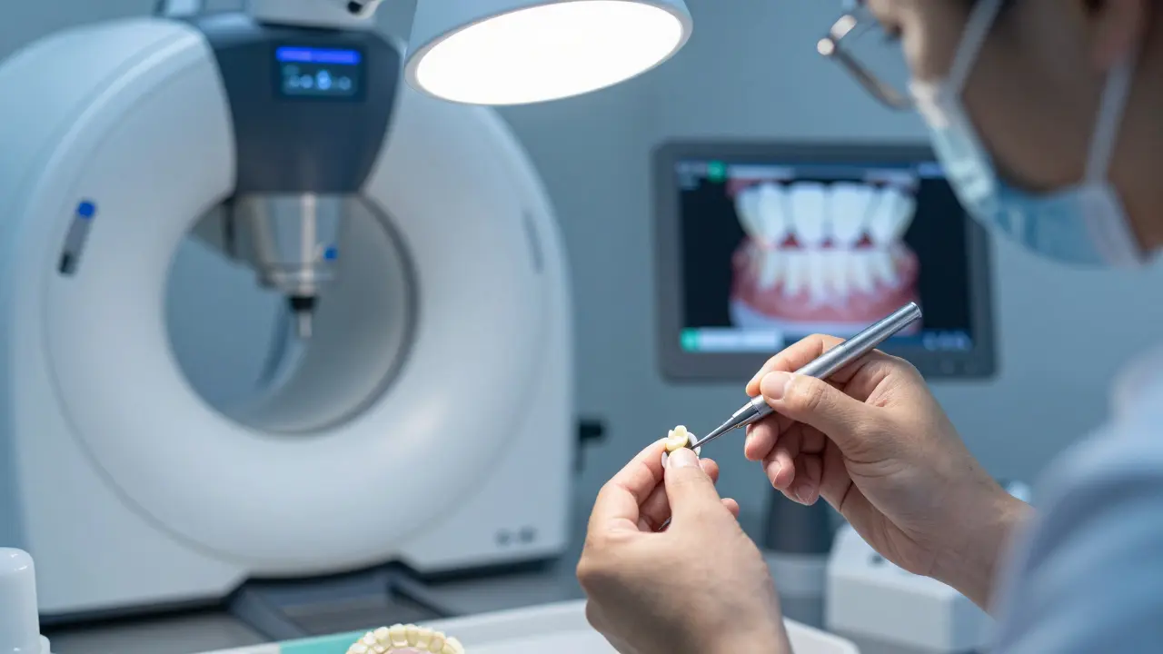 Zubní technik precizně dokončuje keramickou korunku v moderní digitální laboratoři.