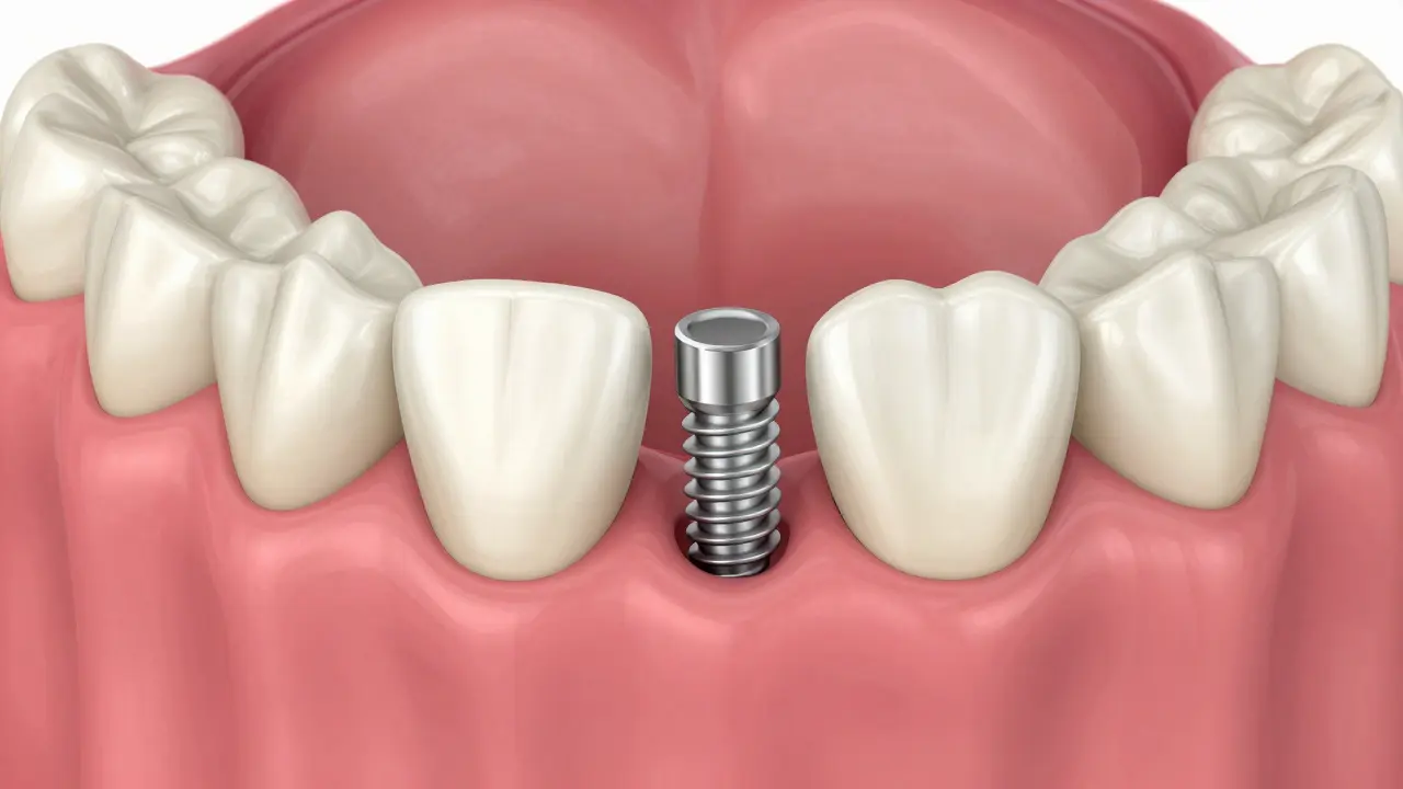 3D ilustrace zubního implantátu v čelisti s okolní tkání
