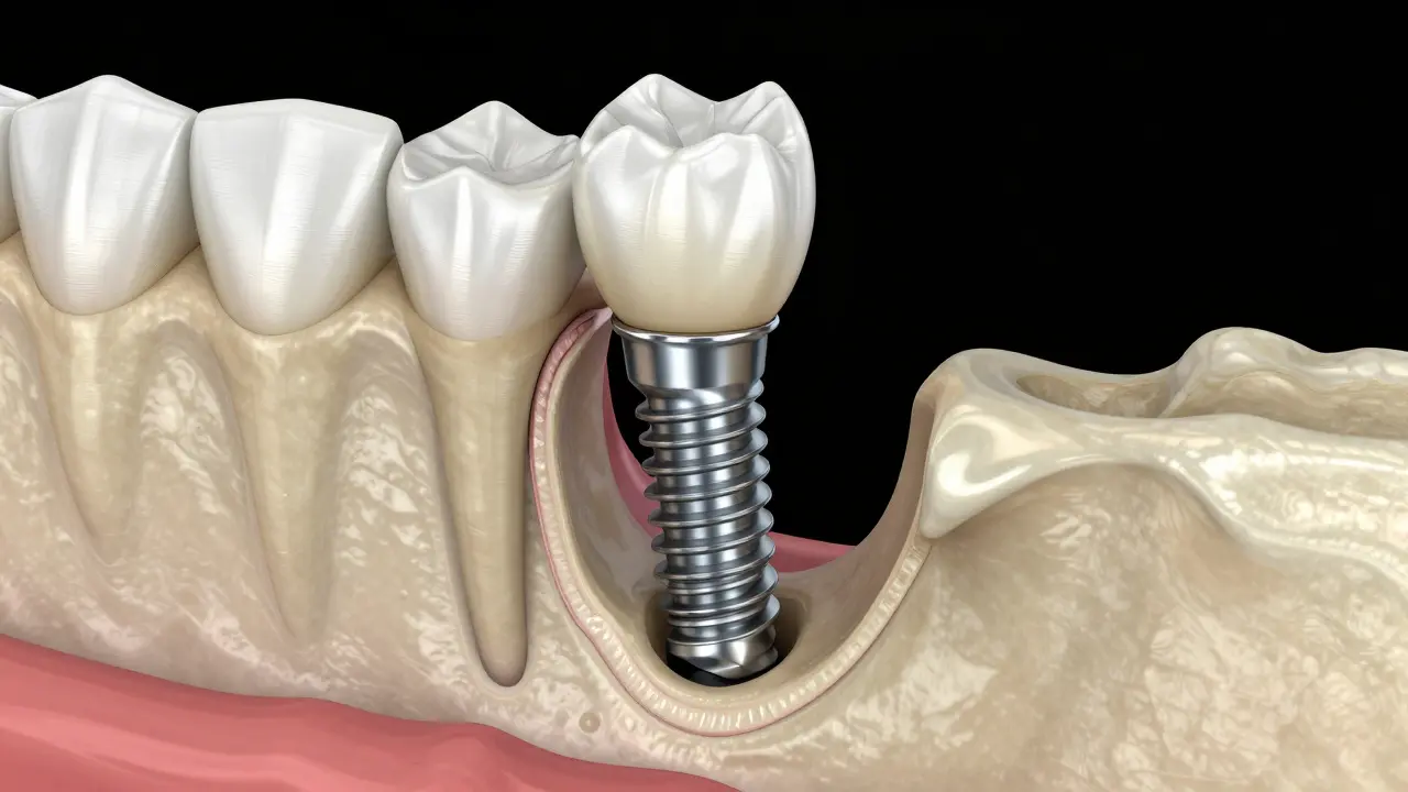 Anatomický řez zobrazuje titanový zubní implantát ukotvený v čelistní kosti
