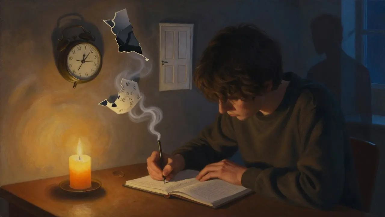 Člověk píše do deníku, kolem plavou symboly snů