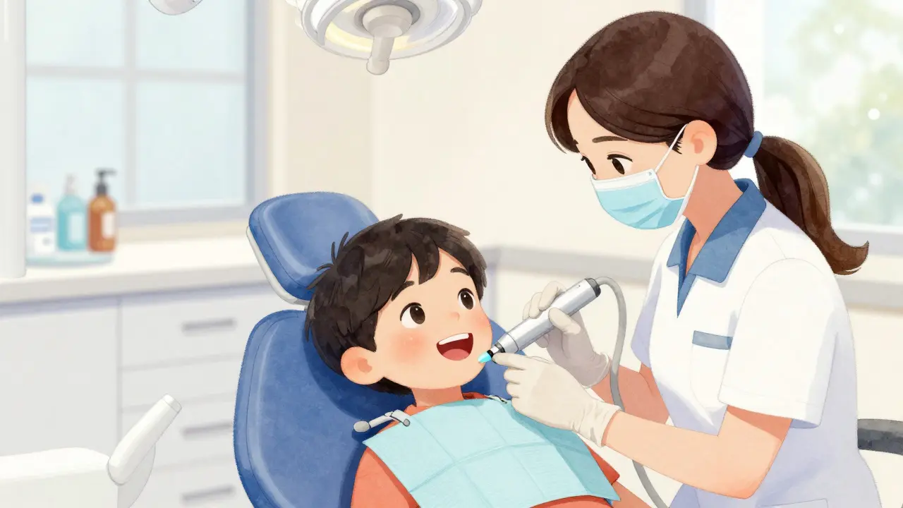 Dentální hygienička čistí zuby dítěti ultrazvukem