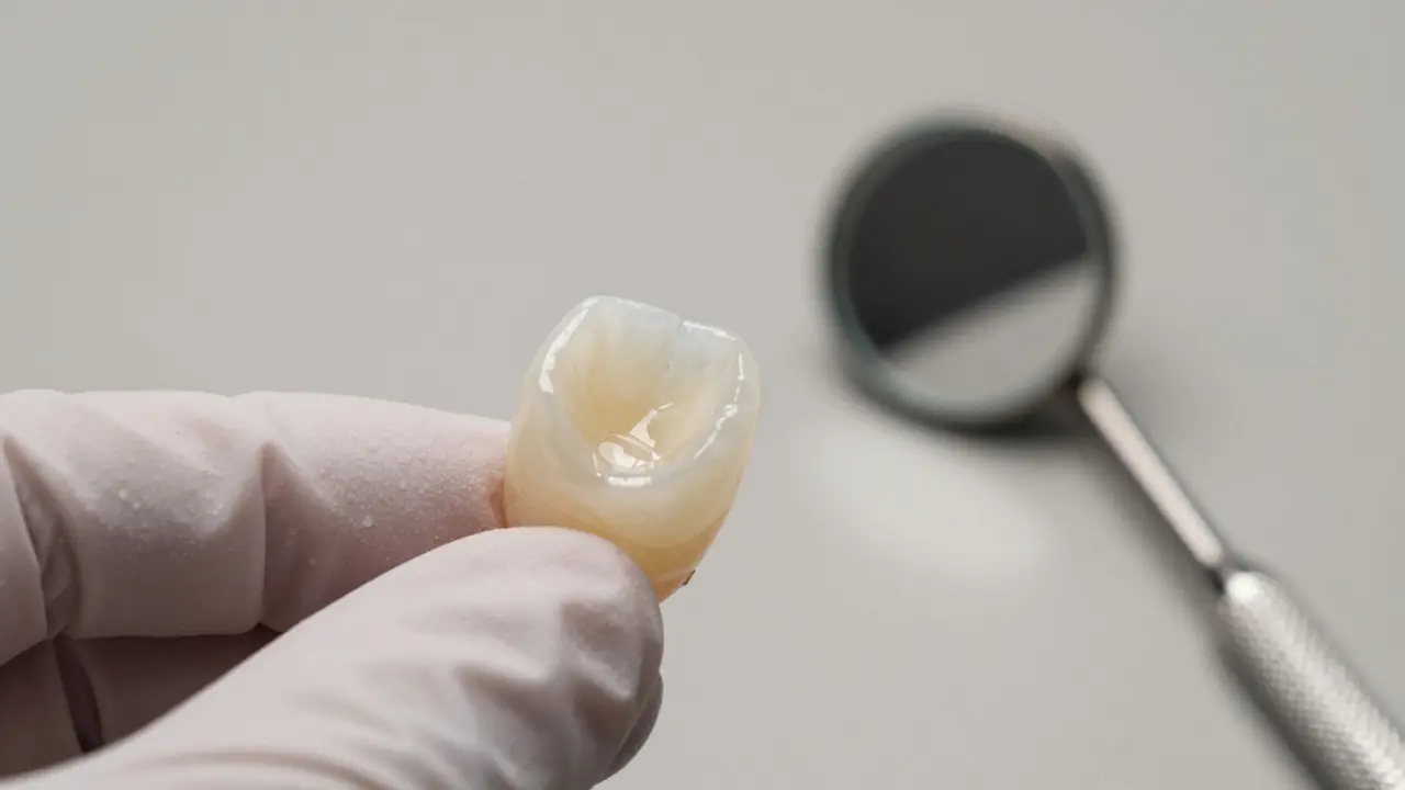 Detail keramické zubní fazety s důrazem na průsvitnost