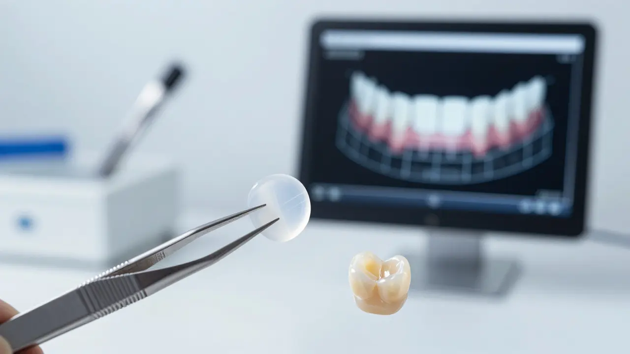 Detail porcelánových lišt a keramické korunky v moderní zubní laboratoři